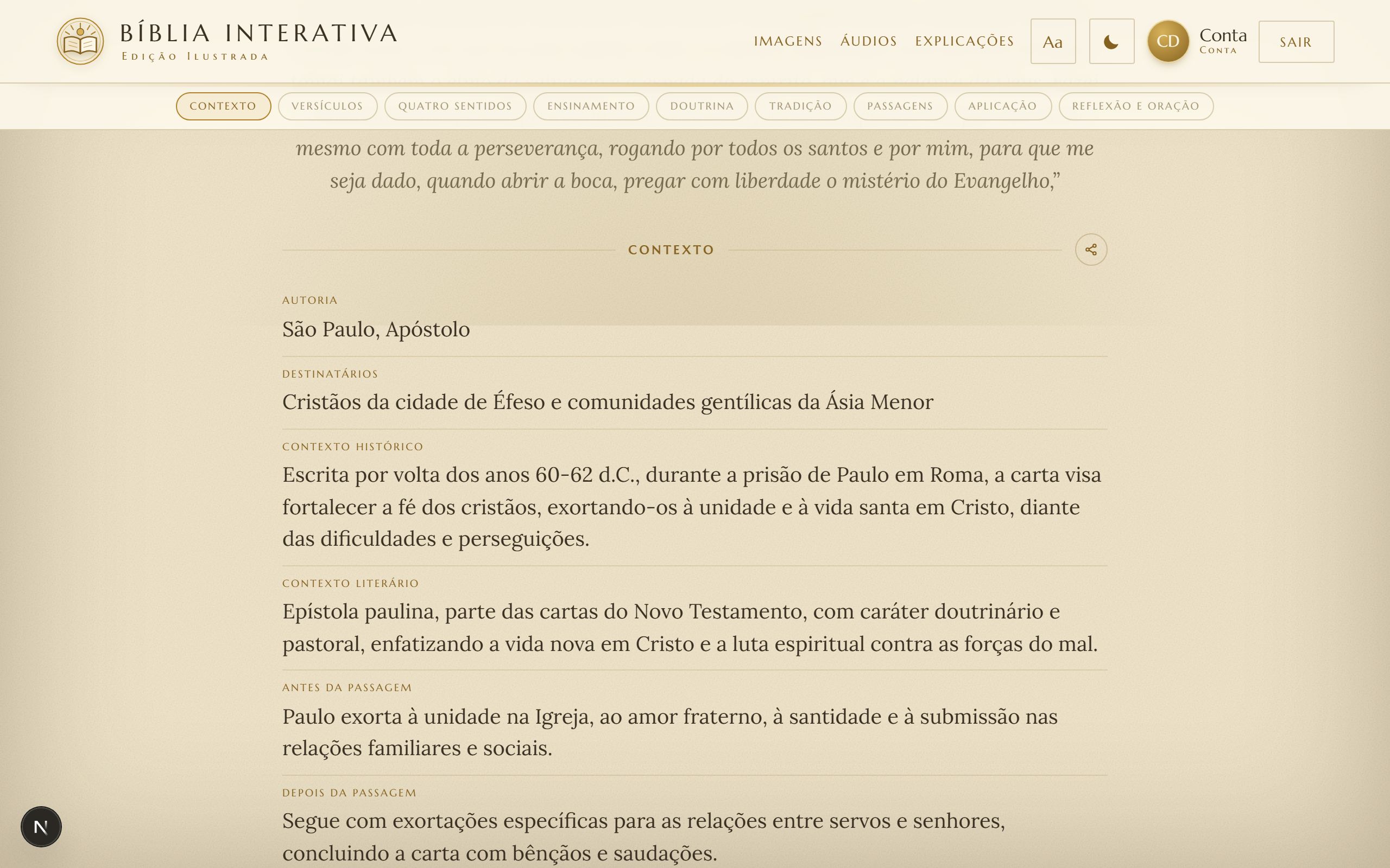 Página de explicação de Efésios 6 com navegação por seções