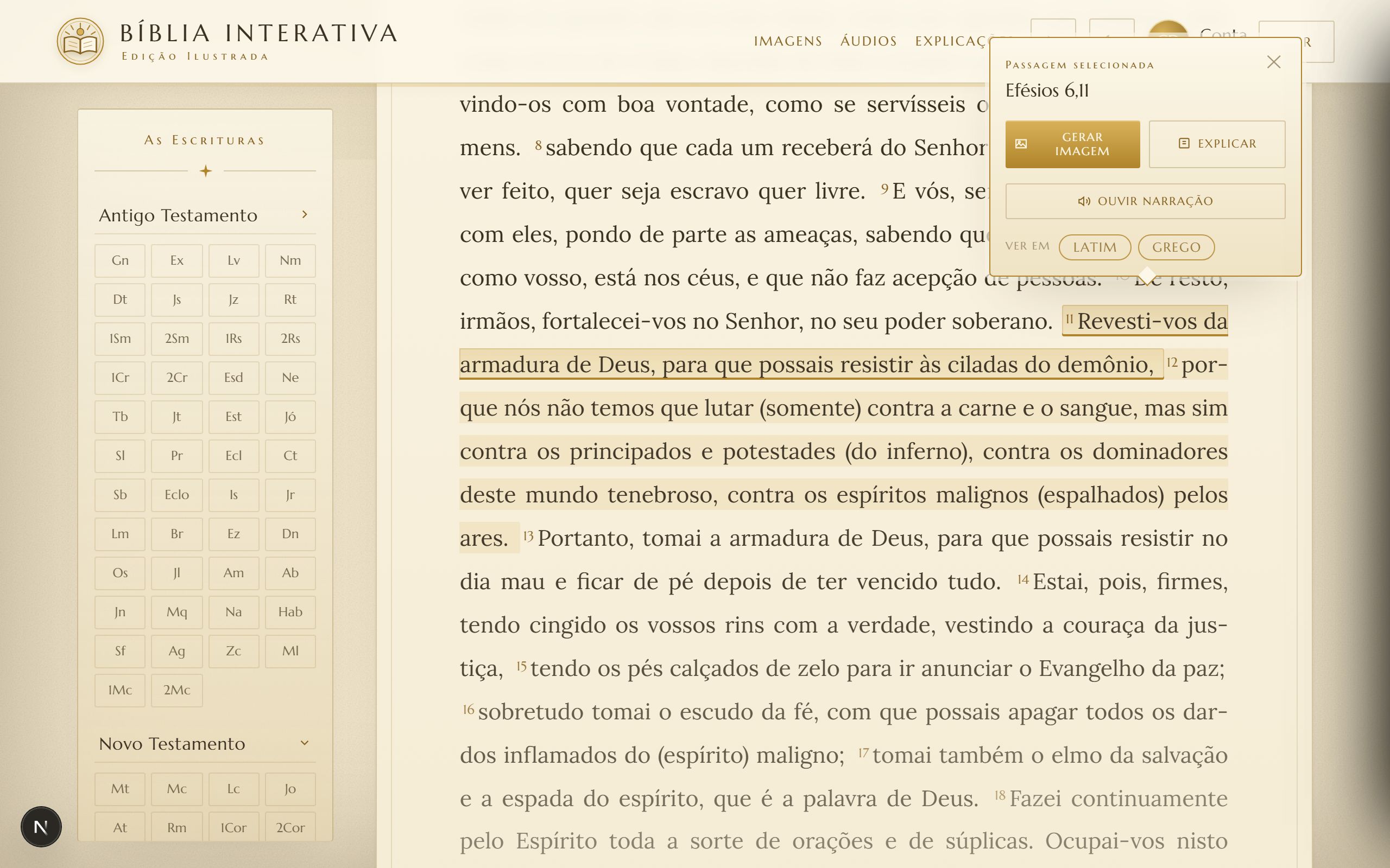 Leitura de Efésios 6 com um versículo selecionado e as ações de gerar imagem, explicar e ouvir