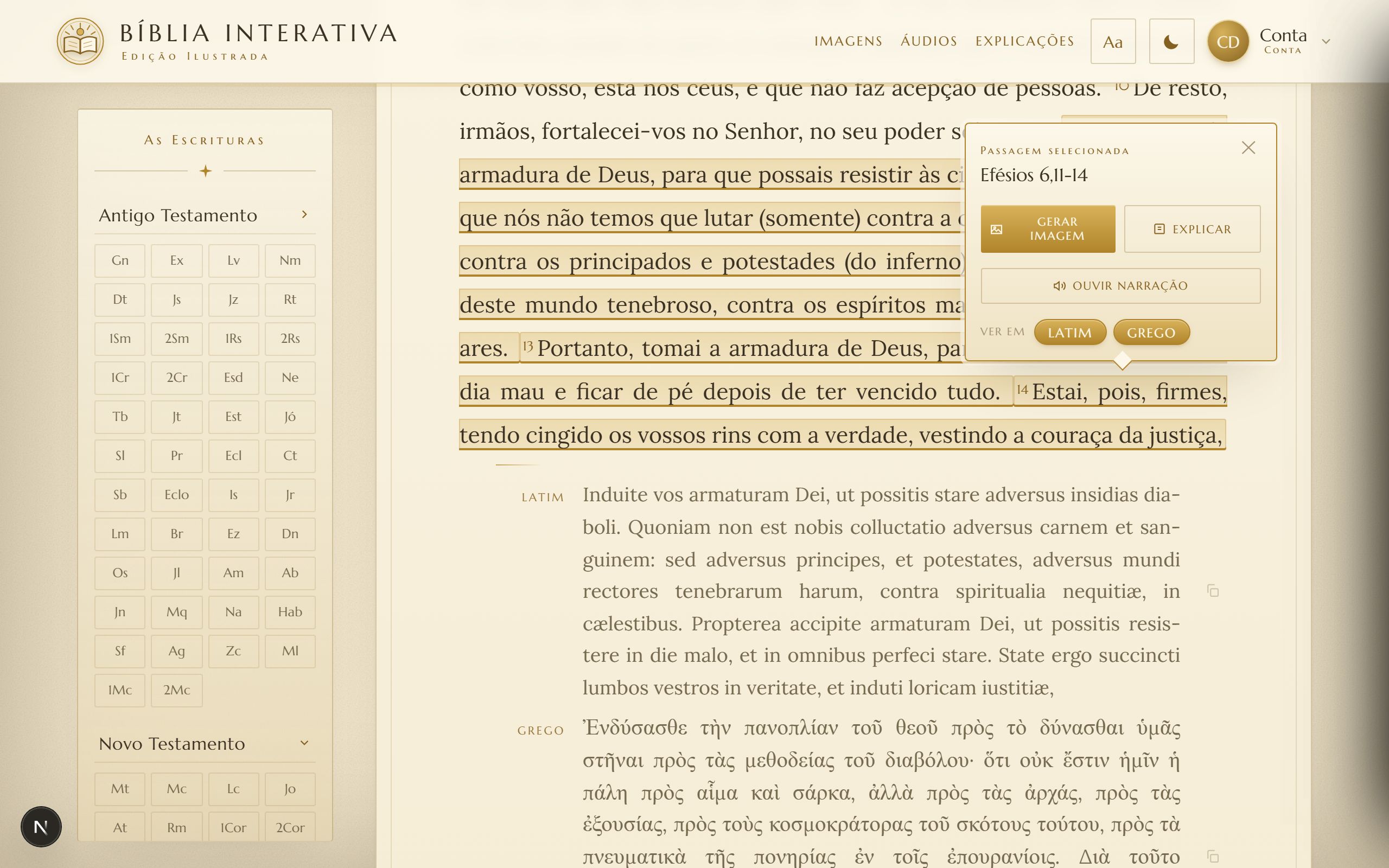 Passagem de Efésios 6 selecionada com o texto revelado em latim e grego e as ações de estudo